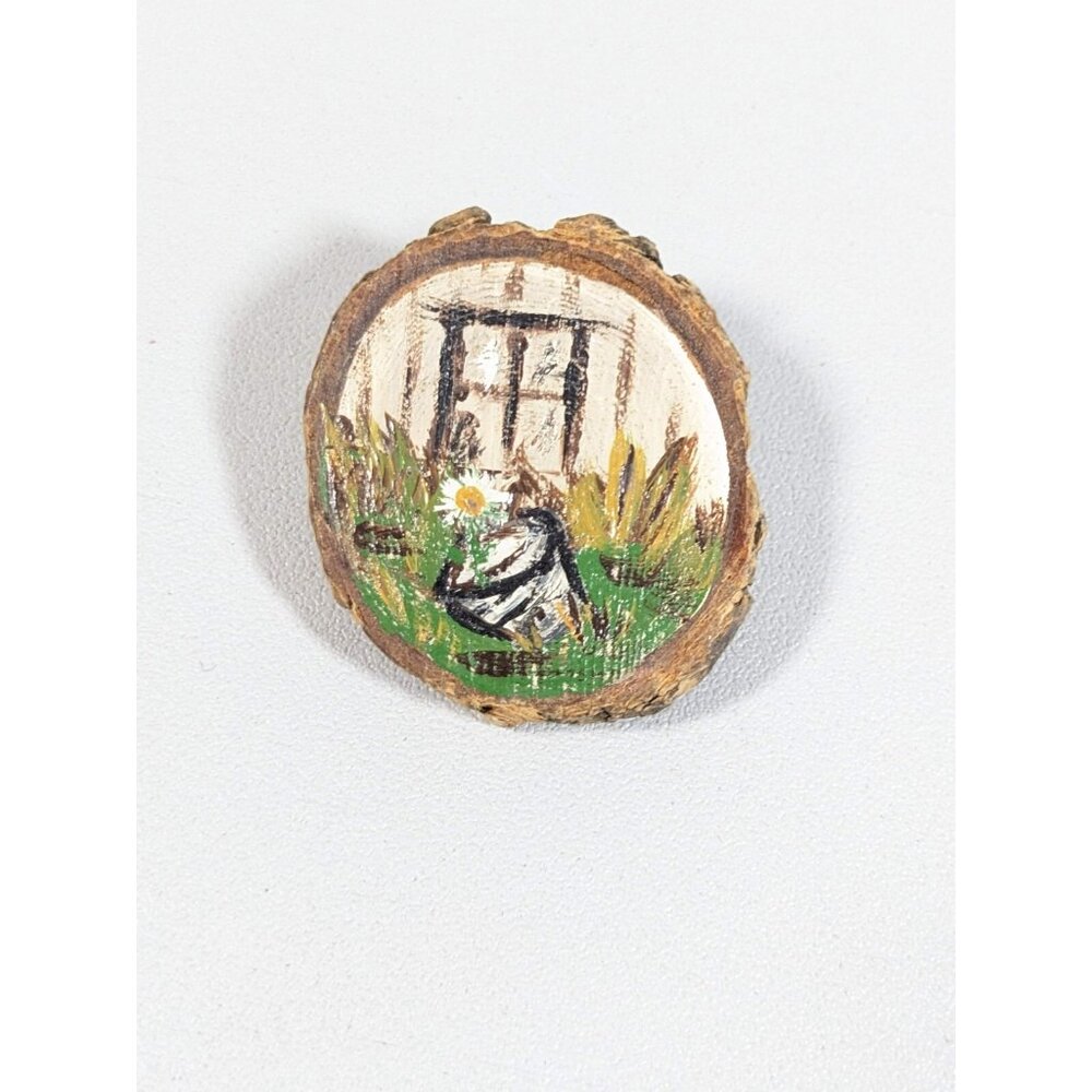 Vintage Painted Window Daisy‎ Flower Bucket Wood Slice Pin